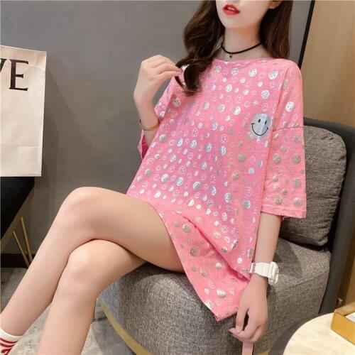 Summer loose mid-length reflective smiley face print plus size short-sleeved round neck T-shirt women