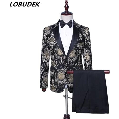 Fashion Vintage Formal Tuxedo Black Gold Jacquard Embroidery Men Suit Stylish Wedding Groom Suits Male Singer Concert Costume