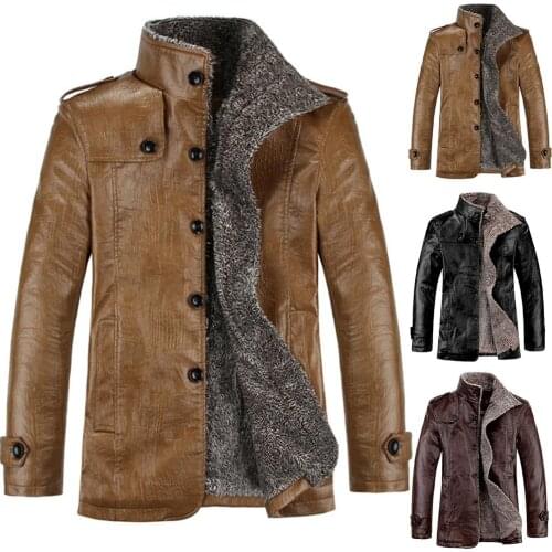 Winter Men Jacket Stand Collar Faux Leather Buttons Pocket Fleece Plus Size Warm Jacket Mens long coat