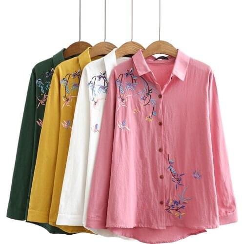 Middle-aged Mother Autumn Shirt Women Long-sleeved 2021 Spring Autumn New Embroidery Cotton Linen Shirt Western Style Shirt