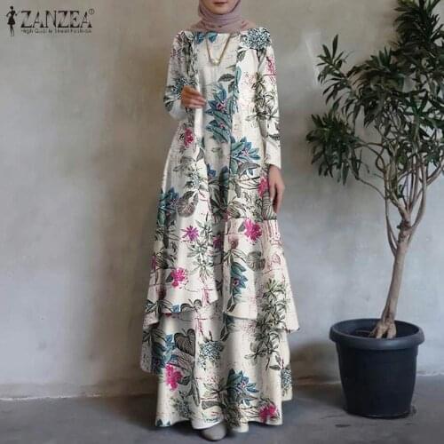 ZANZEA Women Vintage Floral Printed Abaya Hijab Dress Muslim Islamic Clothing Robe Femme Long Sleeve Dubai Turkey Maxi Sundress