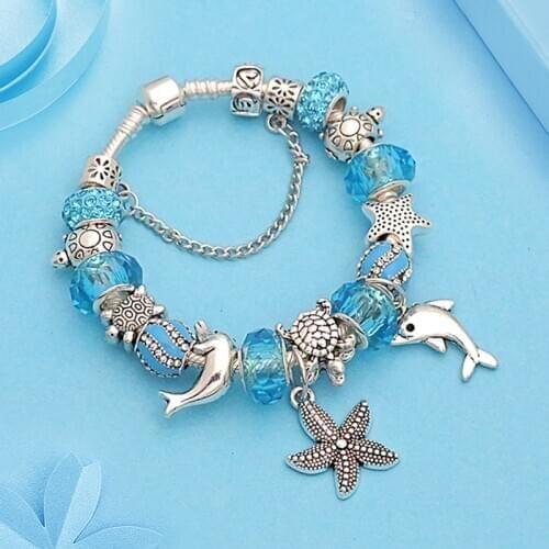 Casual Summer Holiday Blue Crystal Ocean Wave Bead Bracelet Silver Color Ocena Animal Charm Bracelets DIY Jewelry Pulsera Hombre
