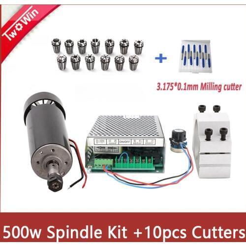 CNC spindle 500W air cooled 0.5kw milling Motor & spindle speed power supply&52mm clamp&13pcs er11+ 10pcs 3.175*0.1mm cutters