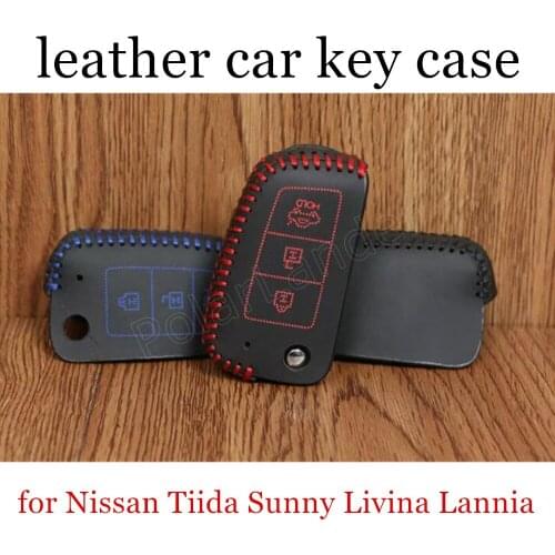 Only Red high quality Genuine leather car key case cover Hand sewing DIY fit for Nissan Tiida Sunny Livina Lannia