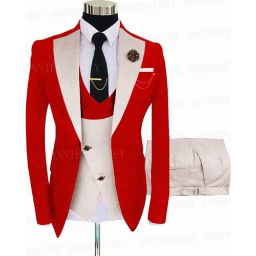 Jacquard Red Suit Men 3 Pieces Custom Groom Wedding Tuxedo Slim Fit Prom Party Blazer Suit Jacket Double Breasted Vest Pants