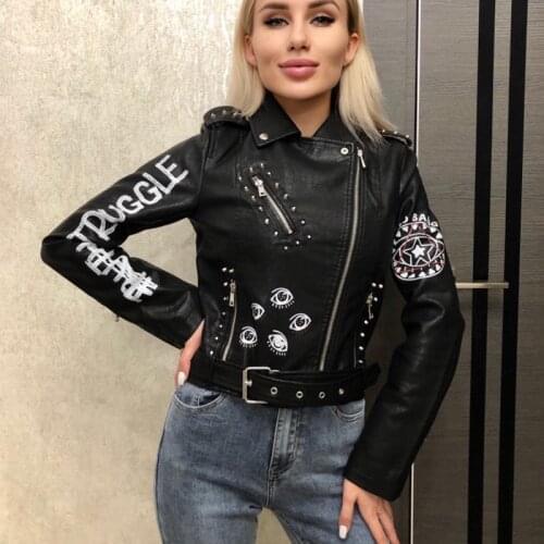 3D Print Motorcycle Streetwear 2021 New Autumn Women Winter Faux Soft Leather Jackets Coats Lady Black Pu Rivet Zipper Epaulet