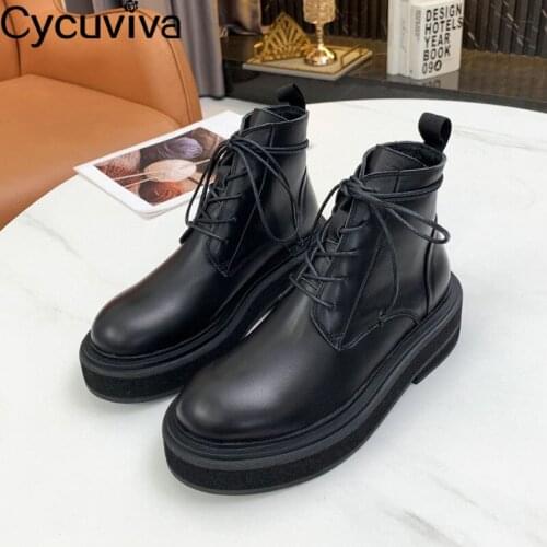 Genuine Leather Chunky Heel Women Boots Lace Up Punk Botas Female Shoes Platform Casual British Chelsea Boots Women Shoes Winter