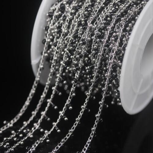 5Meter/lot,Plated Silver Brass Wire Wrapped Black Glass Rondelle Rosary Chain,Tiny Tube Round Beads Women Sweater chains Jewelry