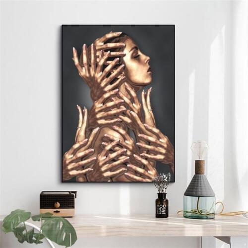 Abstract Golden Sexy Women Body with Hands Portrait Poster Canvas Painting Wall Art Pictures for Living Room Cuadros Home Decor