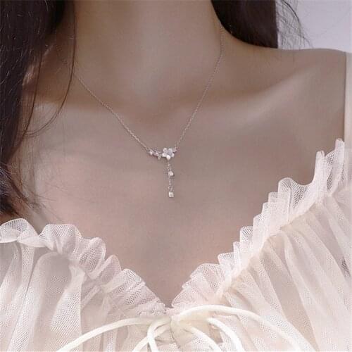 925 Sterling Silver Shell Cherry Blossoms Tassel Charm Necklace For Women Clavicle Chain Party Jewelry dz562