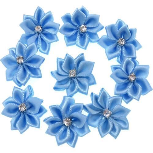 40Pcs Blue Small Satin Flowers Fabric Rhinestone Flowers Appliques Sewing Decoration Wedding Garment 2.8cm