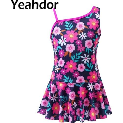 Kids Girls Swimwear Asymmetric Shoulder Strap Cartoon Print Jumpsuit Bodysuit with Ruffle Hem for Beach Pool Swimming Bathing