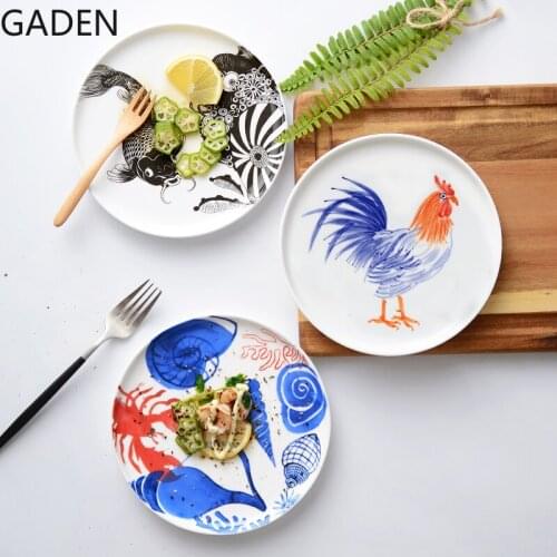 Ceramic Disc Simple Hand-painted Cartoon Decoration Plate Sushi Cake Plate Home Dining Plate Display Plate Household Tableware