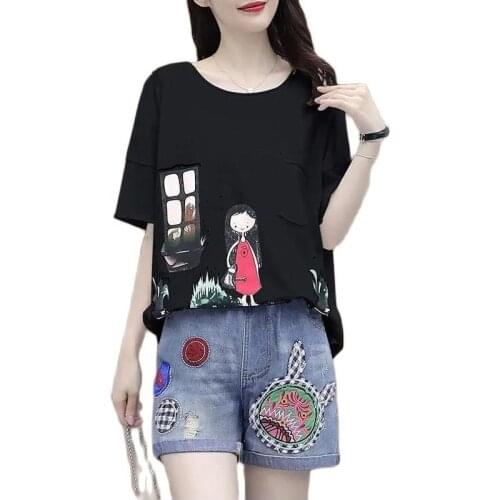 Fashion Plus Size Womens 2021 Summer New Loose Sportswear Short Short Sleeve Printed T-Shirt Denim Two Piece Set Women TYJTJY