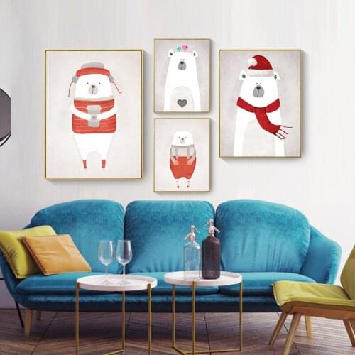 Cartoon Animal Nordic Canvas Painting Cute Bear Hippo Wall Art Picture Home Decor Crowen Heart Art Kid Bedroom Living Room Decor