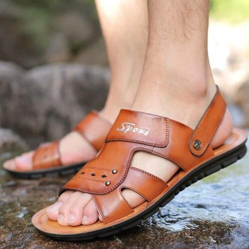 Mens Summer New Sandals and Slippers Mens Leather Sandals Adult Thick-soled Beach Shoes Non-slip Open-toe Leather Sandals