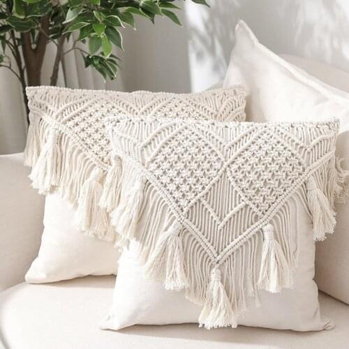 White Cushion Cover Couch Square Square Pillow Cases With Woven Tassels Decorative Pillowcase For Bed Sofa Couch Bench 45x45cm