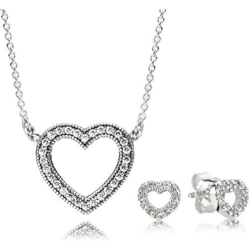 NEW 100% 925 Sterling Silver Loving Hearts Necklace and Earring Set Clear CZ Fit European Girl Original Charms DIY Jewelry Gift