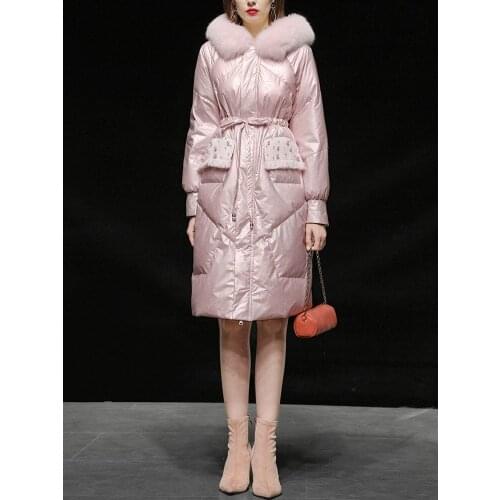 Charming Pink White Duck Down Coats Real Fox Fur Collar Detachable Bead Thick Warm Overcoat For Women Winter Padded Down Jacket