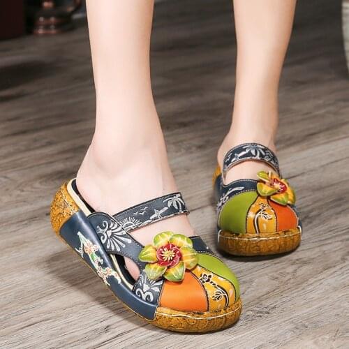 New Women Summer Handmade Slippers Floral Sandals Platform Retro Closed Toe Genuine Leather Bohemian Shoes Fashion