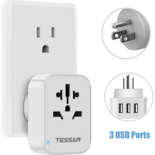 TESSAN 4 in 1 US Power Strip with 1 Universal Outlet and 3 USB Charging Ports Portable Plug US to EU AU UK China Adapter