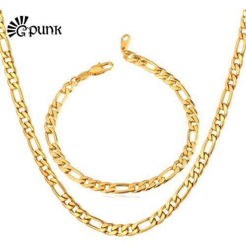 Unisex Jewelry Sets Chunky Figaro Chain 316L Stainless Steel Never Fade Gold color Necklace Bracelet Men Accessories S226G