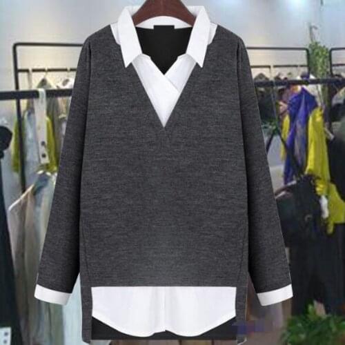 2018 spring Women tops Fake two-piece Blouses women shirt Vintage turn-down collar shirts Loose slim Mujer plus size 5XL AD4