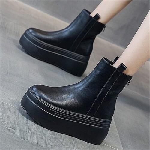 Military Punk Creepers Womens Leather Round Toe Platform Ankle Boots High Heels Chunky Casual Increasing Height Oxfords