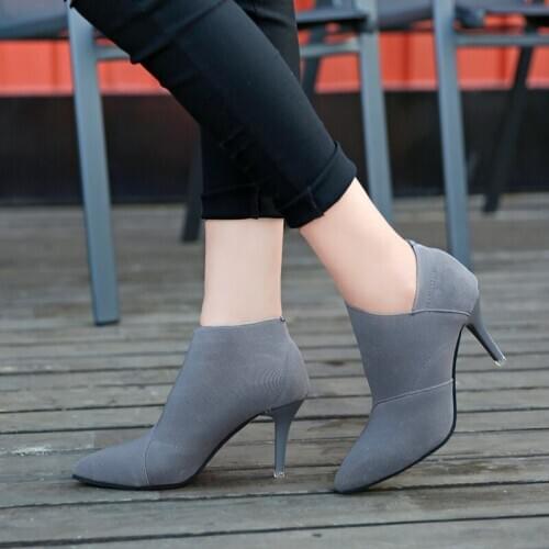 2021Grey Fashion Women High Heel Booties Large Size 34-41 Female High-Heeled Boots Young Ladies Booties 8.5cm Heel Cloth Boots