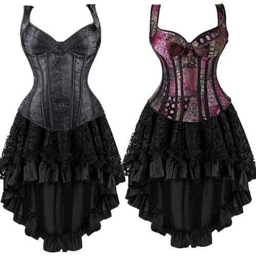 Womens Retro Corset Dress Skirt Set Sexy Straps Gothic Overbust Corset Lace Up Zipper Side Corsets and Bustiers Plus Size