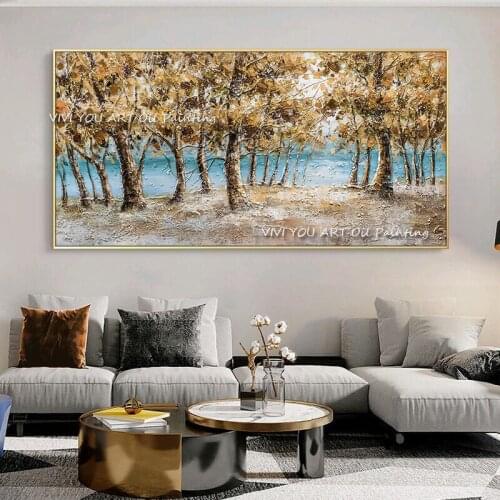 100% Hand-painted High Quality Abstract Gold Foil Tree Blue Lake Oil Painting Large Size Beauty Wall Art Room Modern Gift