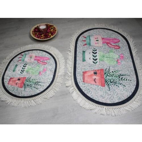 Oval Fringed 2'li Bath Mat Pad Smile Flowers Gray