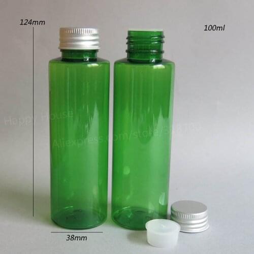 24 x 100ml Green DIY Flat Shoulder PET Toner and Lotion Bottle with Aluminum Cap with Insert Whosale