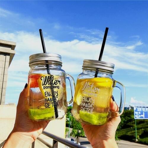 450ml simple straw Mason cup with lid handle glass cold drink cup juice cola lemon straw mug outdoor beach drink cups