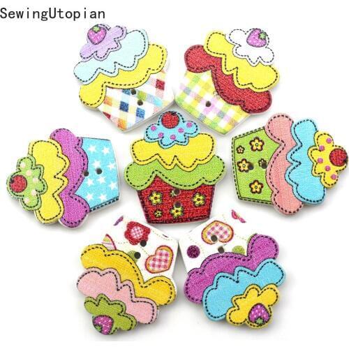 50PCS 25MM Cake Buttons 2 Holes Patterns Cartoons Wood Sewing Wooden Button Christmas Decorative Button 2-Hole Buttons Scrapbook