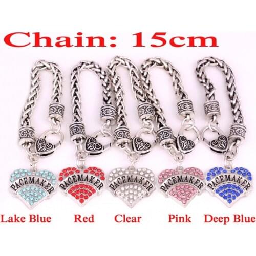 PACEMAKER Awareness Alert Crystal Heart silver plated Charm With 15cm Wheat Chain Lobster Claw Bracelet Medical sign jewelry