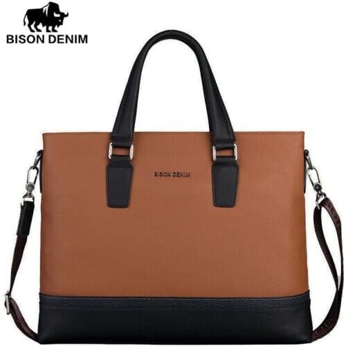 BISON DENIM fashion men bag genuine leather handbag shoulder bags business men briefcase laptop