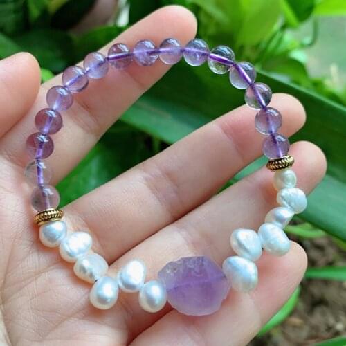 Reiki Healing Purple Crystal Real Mineral Amethysts Quartz Bracelets White Baroque Natural Freshwater Pearl Bracelets for Women