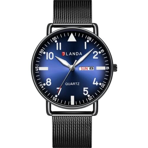 JLANDA Fashion Calendar Luminous Waterproof Stainless Steel Watch Mens Watch Quartz Mesh Strap Sport Casual Relogio Masculino