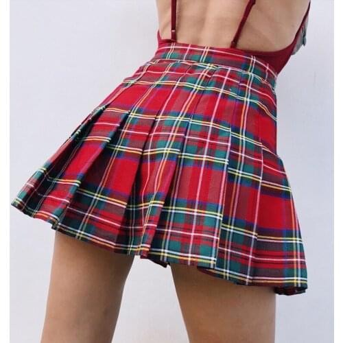 European Red Plaid High Waist Pleated Skirt Japanese Harajuku Preppy Style Fashion Mini Maxi Skirt Green Plaid