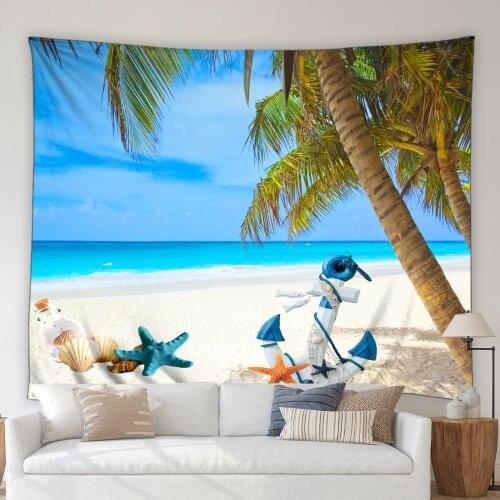 Ocean Beach Landscape Tapestry Wall Hanging Starfish Anchor Tropical Green Plant Palm Tree Blue Ocean Wave Living Room Mural