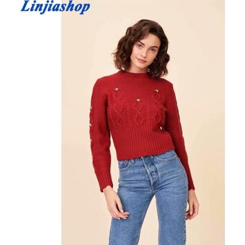 France Red floral embroidered women Sweater Vintage O Neck Mila sweater women Retro Warm Kintted