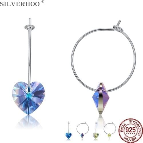 SILVERHOO 100% 925 Sterling Silver Earrings For Women Multicolor Heart Austria Crystal Hoop Earring Fine Jewelry Romantic Gift