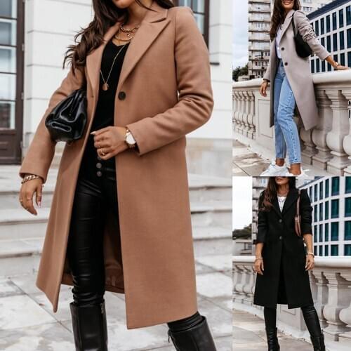 Hot Sale Woman Wool Coat Autumn Winter Long Sleeve Lapel Collar Coat Knee-length Jacket Overcoat Cardigan Elegant Blend