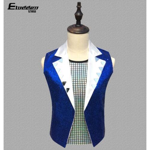 Original colete masculino men vest Sequin clothing tirantes hombre personalized singer dance stage street star style dress blue