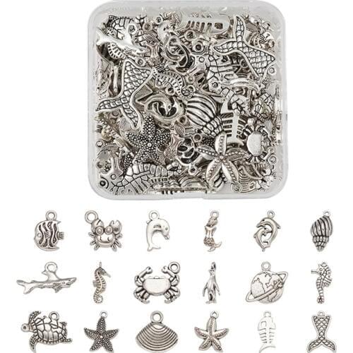 90pcs/box Ocean Theme Mixed Shapes Tibetan Style Alloy Pendants Charms for Jewelry Making DIY Bracelet Neckalce Findings
