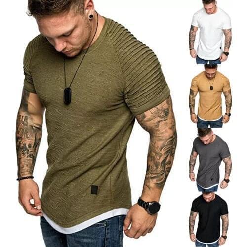 Casual Tops Shirts Summer Basic Tee New Hot Mens T-Shirts Pleated Wrinkled Slim Fit O Neck Short Sleeve Muscle Solid