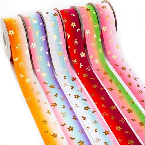 New Beautiful Flower Gold Foil Kimetsu No Yaiba Background Printed Grosgrain Ribbon 50 Yards 38mm for Diy Hair Bow