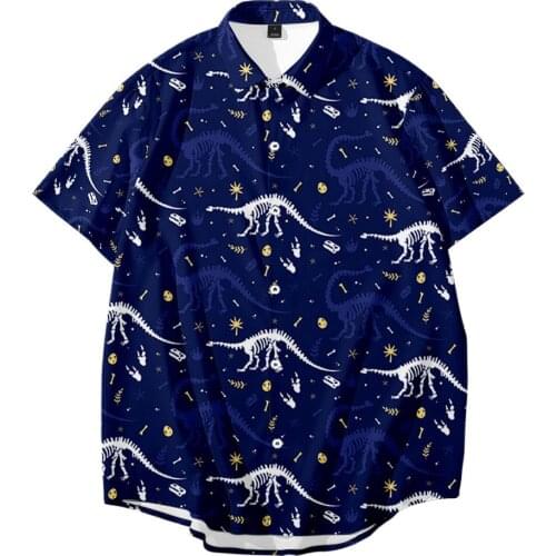New Fashion Mens Short Sleeve Shirts Male Loose Sexy Summer Casual Turn Down Collar Blouse Dinosaur Print Tops Plus Size 6XL