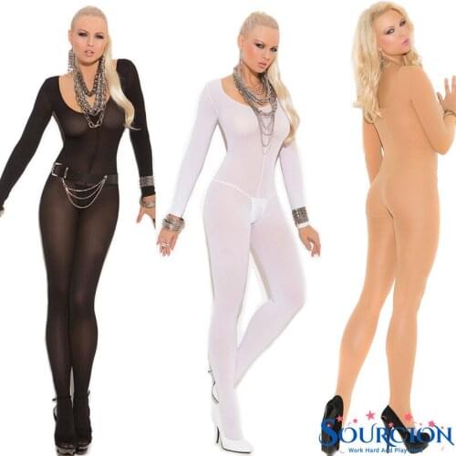 Sourcion Crotchless Sheer Bodystocking Full Body Pant Ultra-thin Transparent Long-sleeve Open Crotch Strap Tights Lingerie Teddy